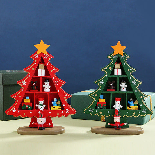HKM-948051 Mini Wooden Christmas Tree Decorative Ornaments in Green and Red - 14x5.5x18.5CM