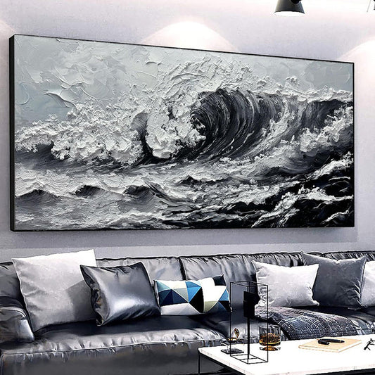 HKM-950163 Large Gray and White Seawaves Seascape Oil Painting on Canvas - Handmade Thick Wall Art for Modern Living Spaces