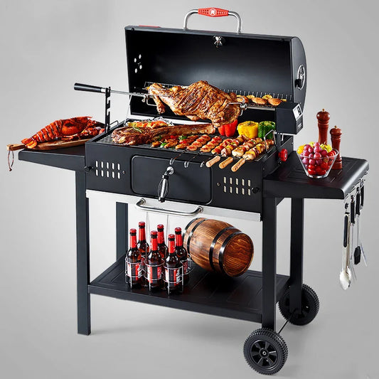 HKM-959635 Heavy Duty Pellet Smoker Rotisserie BBQ Charcoal Grill with Built-In or Trolley Design, Model BG033