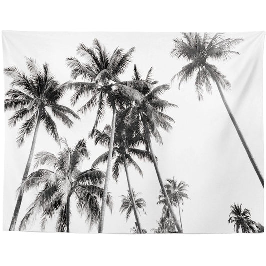 HKM-959955 Black and White Coconut Forest Landscape Tapestry Wall Hanging - Machine Washable Polyester Fiber, Multiple Sizes Available