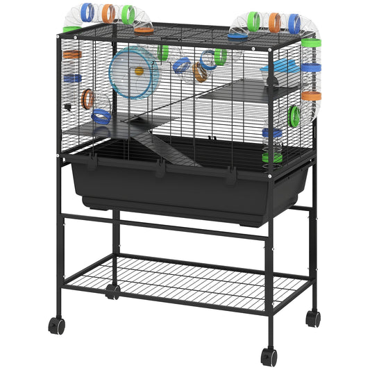 HKM-9632701 3 Tier Hamster Cage with Rolling Wheels, Deep Tray, Exercise Wheel, Hut, and Tube System