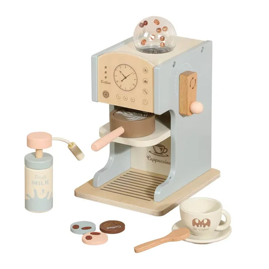 HKM-964179 Blue Wooden Coffee Maker Toy Set for Kids - Mini Educational DIY Kitchen Play for Boys and Girls
