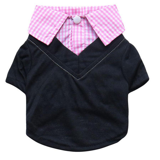 HKM-965459 Teddy Printed Plaid Pointed Collar Pet Shirt for Small Dogs - Polyester T-Shirt in Black and Pink, Yellow, or Blue