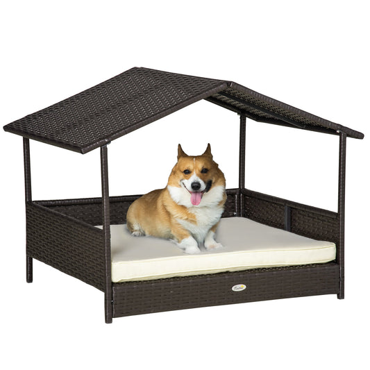 HKM-9665469 Elevated Wicker Dog Bed with Rattan Canopy and Cushioned Sleeping Pad in Cream