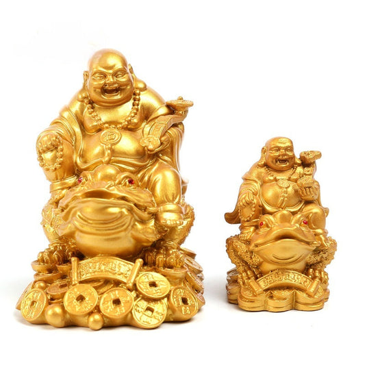 HKM-969427 Large Copper Maitreya Buddha Ornament Sitting on a Golden Toad, Resin and Plastic, Chinese Style