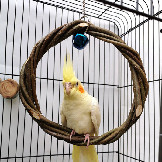 HKM-970579 Rattan Ring Bird Chewing Toy with Wooden Branches for Small and Medium Birds