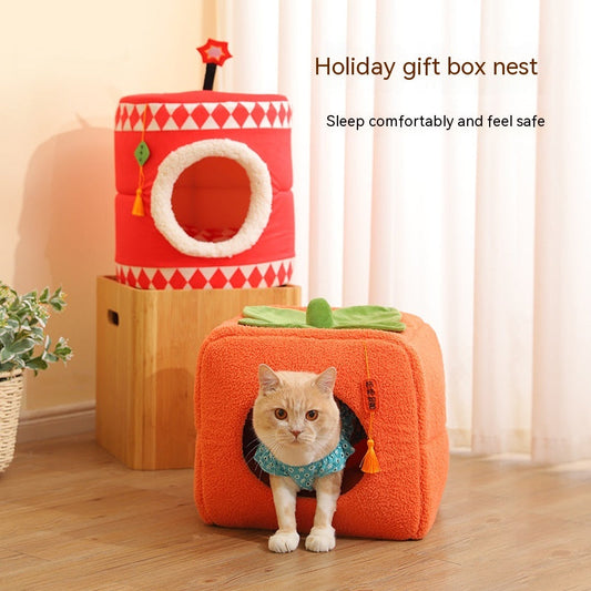 HKM-9731389 Cozy Lucky Persimmon Pet Bed for Cats - Mohair Corduroy Nest