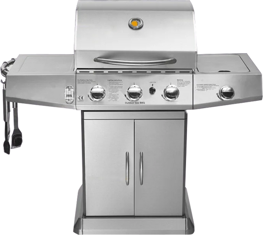 HKM-974291 3-Burner Gas Grill with Side Burner and Stainless Steel Construction for Outdoor Cooking