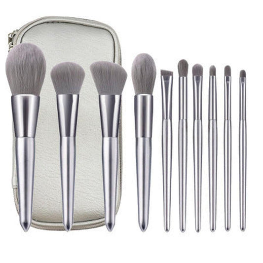 HKM-976147 Moonlight Silver 10-Piece Makeup Brush Set with Wooden Handles and PU Bag