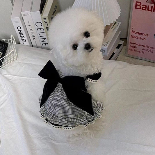 HKM-9772221 Houndstooth Big Bow Plaid Halter Skirt for Dogs - XS to XL, Polyester, Spring and Autumn Wear