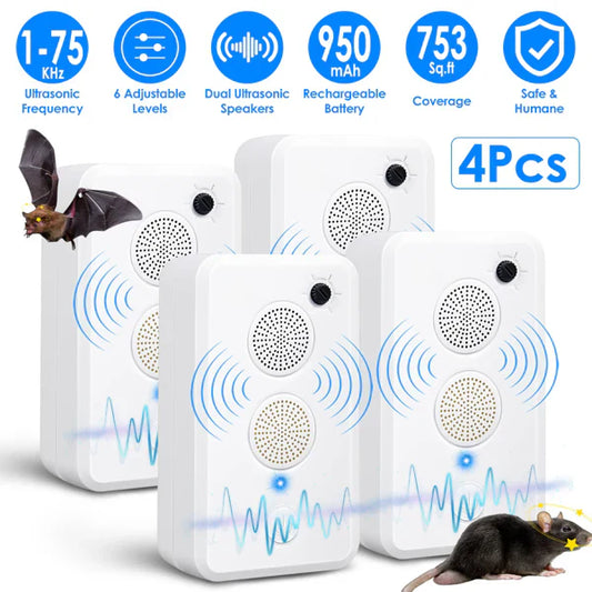 HKM-9794877 4-Pack Ultrasonic Pest Repeller with Adjustable 1-75KHz Frequency, 6 Levels, Indoor & Outdoor Use, 950mAh Rechargeable, Covers 753 Sq.ft