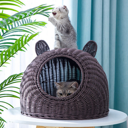 HKM-981651 Imitation Rattan Semi-Enclosed Cat Kennel with Cooler and Mat Options