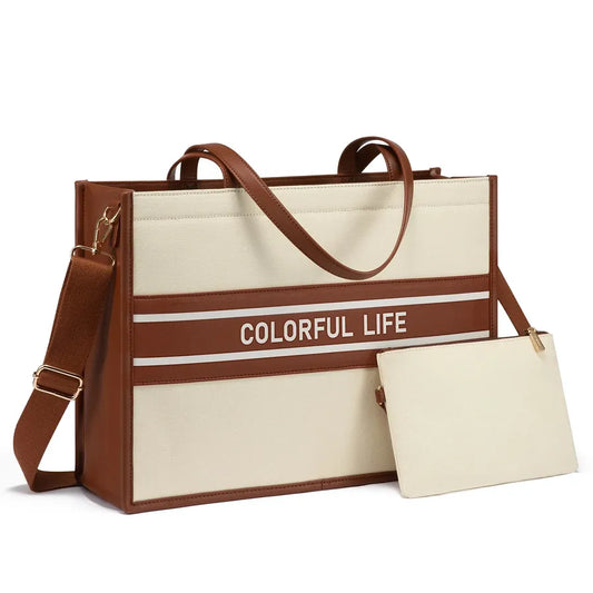 HKM-983379 Women's Canvas Tote Bag and Shoulder Bag Set with Clutch Purse - Stylish Handbags for Everyday Use