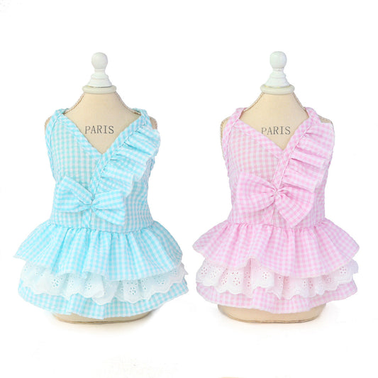 HKM-9837757 Stylish Bowknot Dress for Dogs in Blue and Pink - Cotton Fabric, Sizes S to XXL