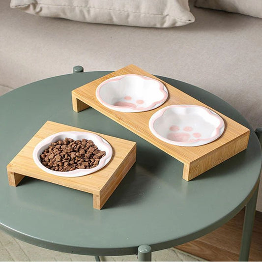 HKM-9843133 Bamboo Frame Hand-Colored Ceramic Bowls for Small Cats and Dogs, Support for Cervical Vertebrae Eating and Drinking