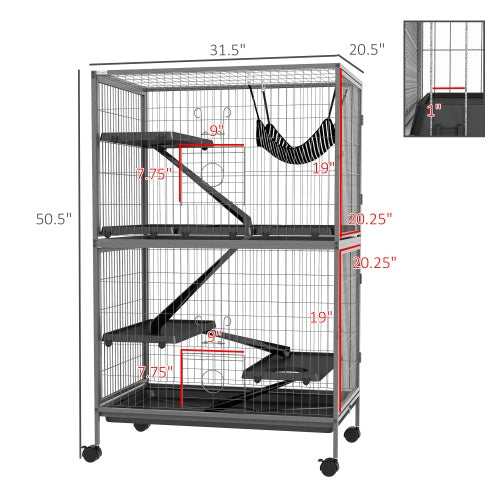 HKM-9856317 5-Tier Small Animal Cage with Hammock for Ferrets and Chinchillas, Heavy-Duty Steel Construction, Easy-Clean Design, 4 Doors, Mobile Wheels, Grey