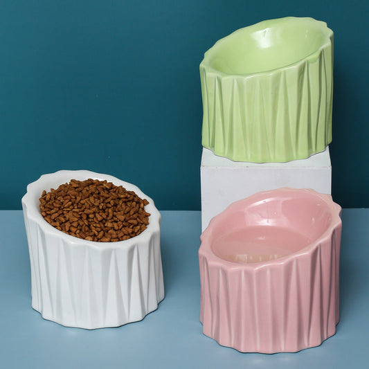 HKM-986323 Ceramic Pet Bowl with Neck Guard - Scratch-Resistant, Chemically Stable, High Stability Design in White, Pink, Green