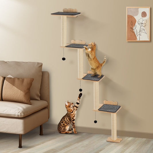 HKM-9867453 Wall Mounted Cat Shelf Tree with Climbing Platforms, Posts, and Toy Balls