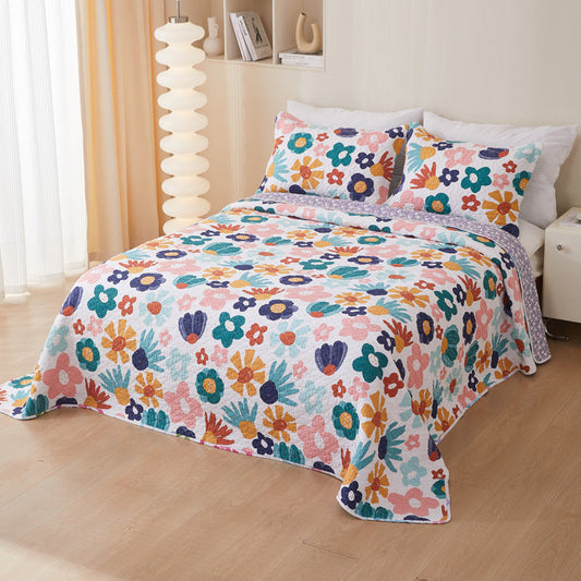 HKM-988435 Cotton Twill Quilted Bedspread Set with Floral Pattern - 3-Piece Bedding Ensemble