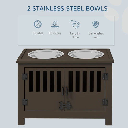 HKM-9933373 Elevated Dog Food Storage Cabinet with Stainless Steel Bowls, Espresso Finish