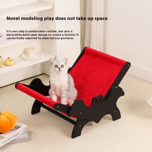 HKM-9933757 Cozy Wooden Cat Recliner Lounge Chair in Black and Red for Stylish Cat Relaxation