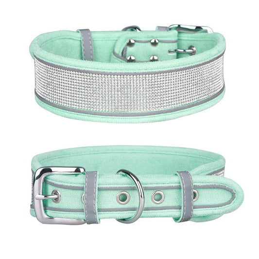 HKM-997203 Suede Reflective Dog Collar with Soft Comfort Hand-Holding Rope in Multiple Rhinestone Styles