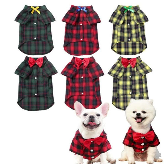 HKM-999379 Plaid Dog Shirt with Bow Tie for Small to Medium-Sized Pets in Multiple Colors