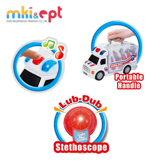 HKM-720211 Cartoon Musical Ambulance Toy Car with Medical Kit for Kids Ages 2-13