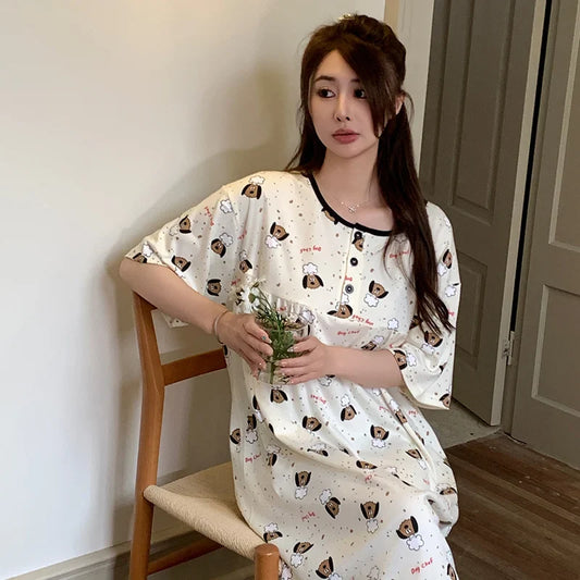 HKM-296403 New Buttons Thin Less Ladies Cotton Pajamas Summer Round Neck Short-sleeved Cartoon Women's Nightgown
