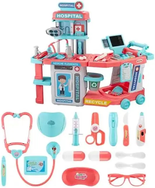 HKM-164307 Kids Doctor Kit with Cart - Role Play Toy for Ages 2-13, Plastic Medical Pretend Play Set
