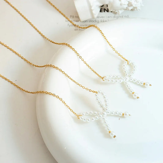 HKM-297555 Personality Trend Imitation Pearl Bow Necklace Stainless Steel 18K Gold Link Chain butterfly Necklace for Women