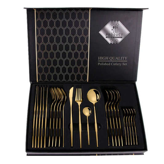 KTX-280083 24-Piece Gold Stainless Steel Flatware Set with Gift Box for Parties and Weddings