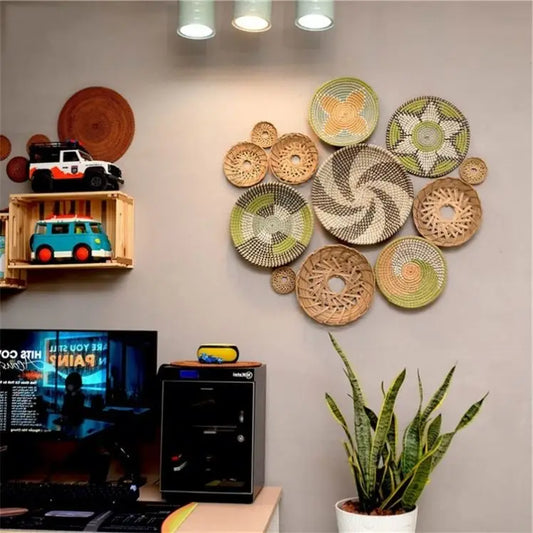KTX-485139 Handwoven Rattan Wall Hanging Decor Set - Seasonal Boho Straw Artistry for Interior Decoration