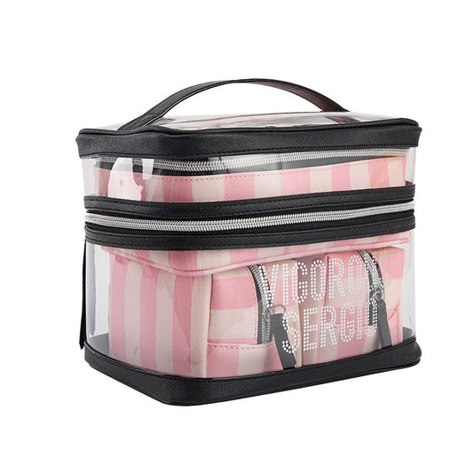 HKM-315859 Multifunctional Folding Makeup Kit in Pink Floral Design with Waterproof Synthetic Leather