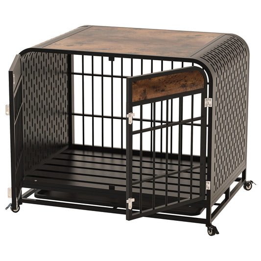 HKM-415891 Heavy Duty Wooden Dog Crate Table with Lockable Wheels and Removable Tray - 33 Inch Brown