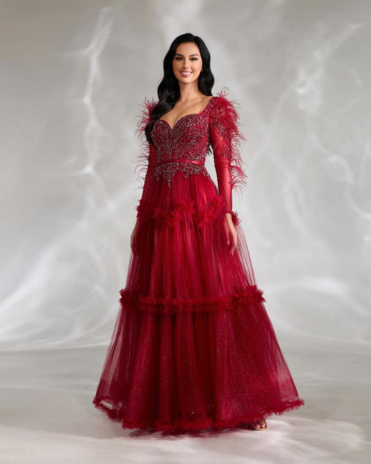 HKM-036563 Elegant Red Evening Dress for Women - EZ25020 Style with A-Line Silhouette and Timeless Design