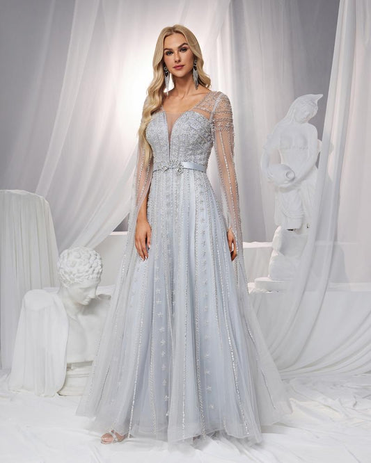 HKM-186899 Elegant Silver Evening Dress for Women - Classy and Timeless Design