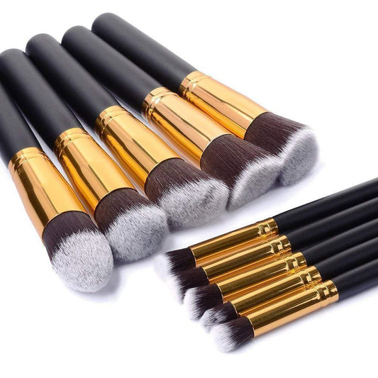 HKM-513107 Portable Makeup Brush Set with Wooden Handles - 10-Piece Collection in Gold and Silver Variants