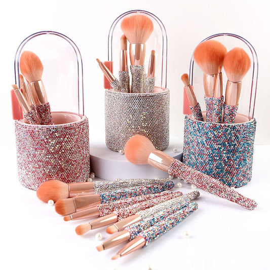 HKM-691603 Diamond-Encrusted 8-Piece Makeup Brush Set in White, Blue, and Pink Rhinestone Options