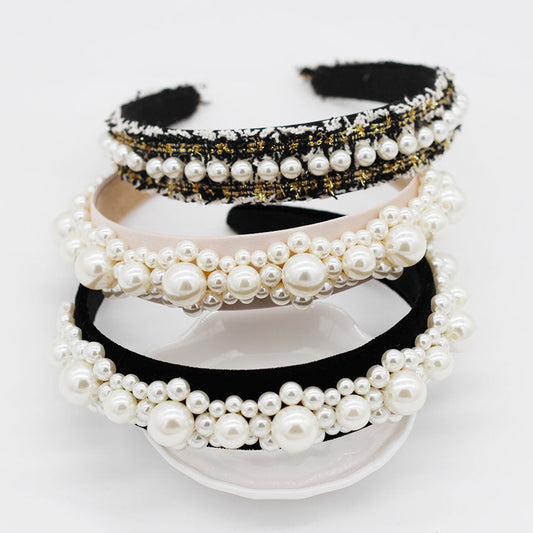HKM-701011 Elegant Braided Large Pearl Hair Band with Geometric Plaid Design in Artificial Leather