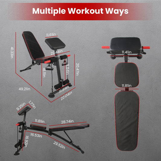 HKM-049555 Adjustable Weight Bench with Preacher Curl Pad and Resistance Bands for Full Body Home Gym Workouts