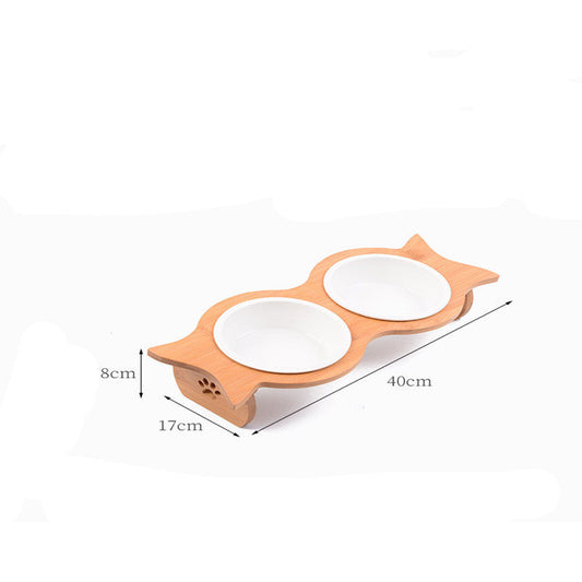 HKM-341139 Bamboo Cat Bowl with Porcelain and Stainless Steel Inserts - Eco-Friendly Design