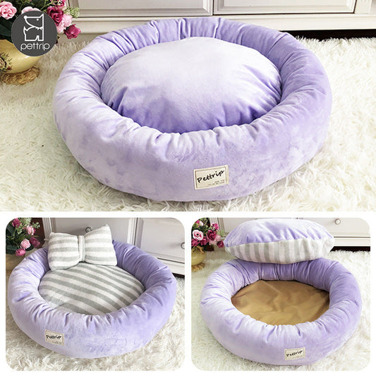 HKM-725139 Crystal Velvet Round Pet Kennel with Included Pillow - Available in Blue, Pink, and Purple, Sizes S, M, L