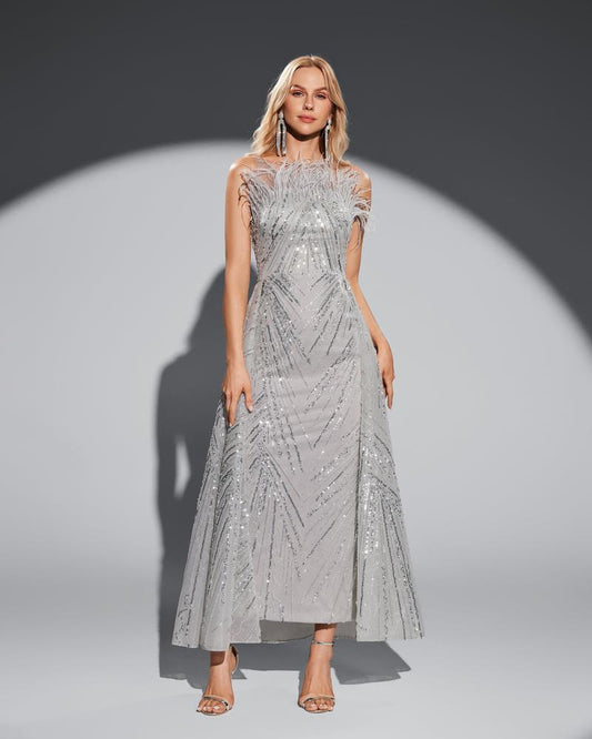 HKM-167635 Elegant Silver Evening Dress for Formal Occasions - Model EZ25018