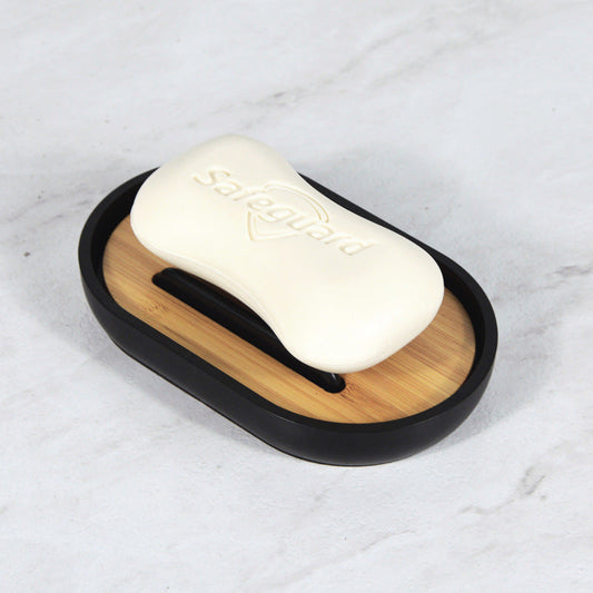 HKM-948819 Single Layer Modern Bathroom Soap Box - Nan Bamboo + ABS, Non-Perforated Drain Shelf, Available in Black and White