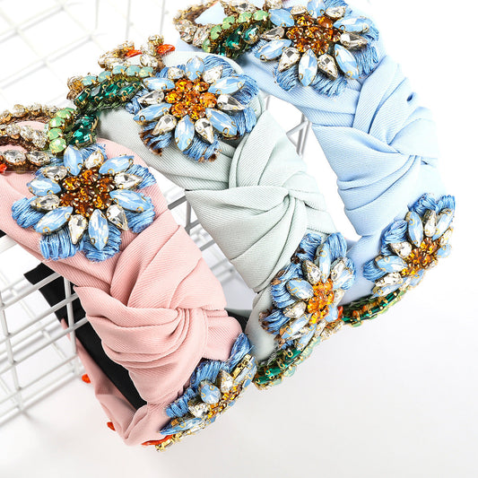 HKM-509011 Floral Diamond-Studded Fabric Headband for Women - Green, Blue, Pink, 5.5cm Wide