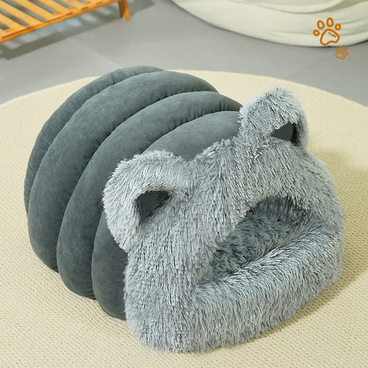 HKM-692371 Plush Cat and Dog Bed with Cat Ears, Thick Warm Design for Kittens and Puppies