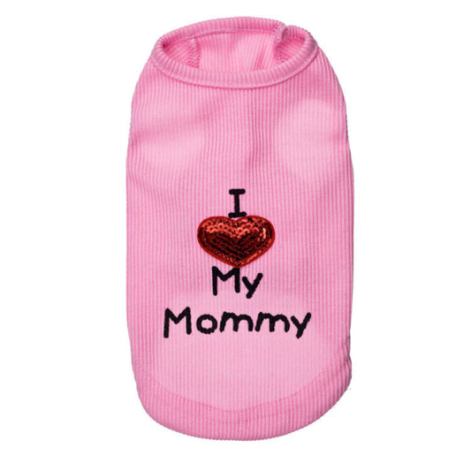 HKM-063763 Cotton Dog Vest with "I Love Mom" Design in Black, White, and Pink, Available in Multiple Sizes