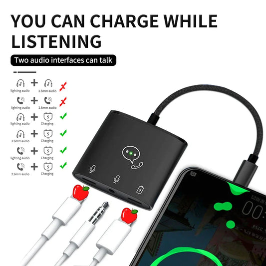 KTX-669715 3 in 1 Audio Splitter Adapter for iPhone with 8-Pin Connector to 3.5mm Aux and Charger Port