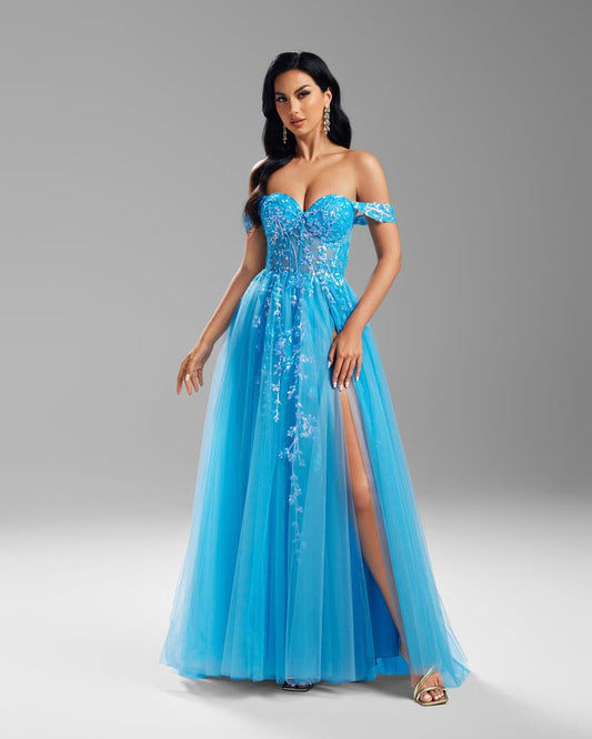 HKM-117907 Elegant Blue Evening Dress for Women - Special Occasion Attire